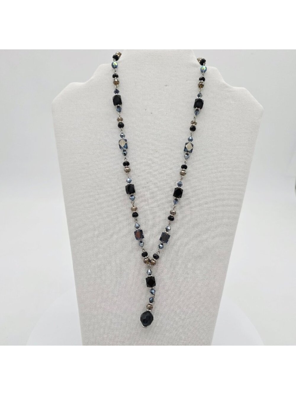 Y Drop Necklace Black Silver Crystal Iridescent AB Coated Station Sautoir 20"